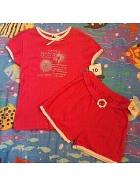 Vintage Y2K Girls Magenta/Hot Pink Ribbed Flower Top & Short Set Girls 10